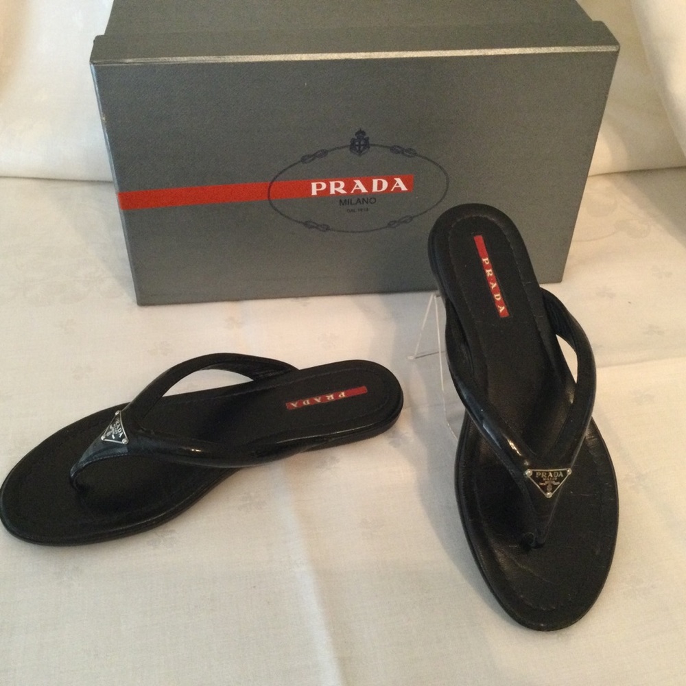 Prada Black Patent Thong Sandals